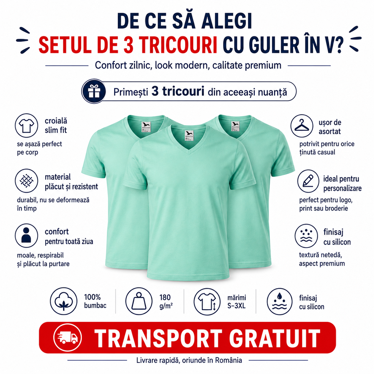 Set 3 tricouri bărbați Malfini 146 cu guler &icirc;n V, 100% bumbac, slim fit, transport gratuit